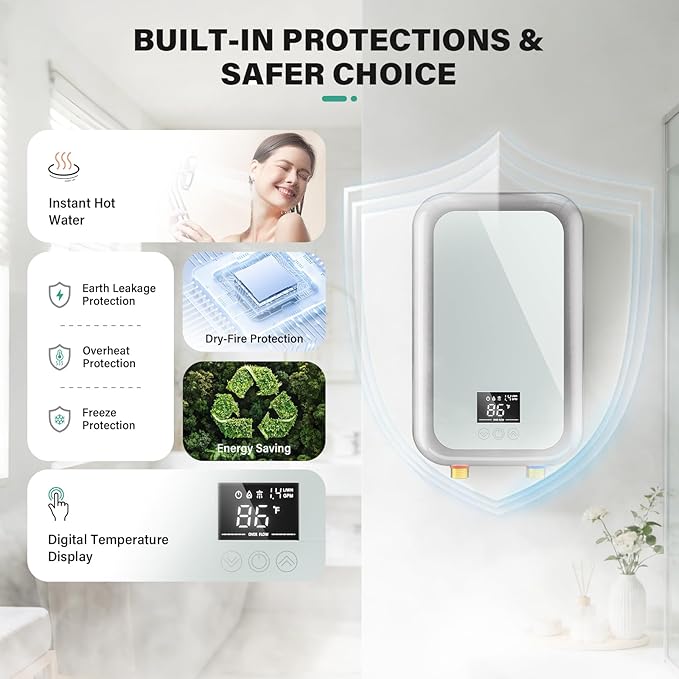 Tankless Water Heater Electric 4500W Instant Hot Water Heater Under Sink, Point of Use Water Heaters with Digital Display for Kitchen Bathroom