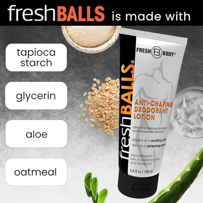 FRESH BALLS Lotion Anti-Chafing Cream Ball Deodorant for Men - Men's Anti-Chafe Lotion to Powder & Hygiene for Groin Area - Aluminum-Free, Talc-Free, 3.4 oz