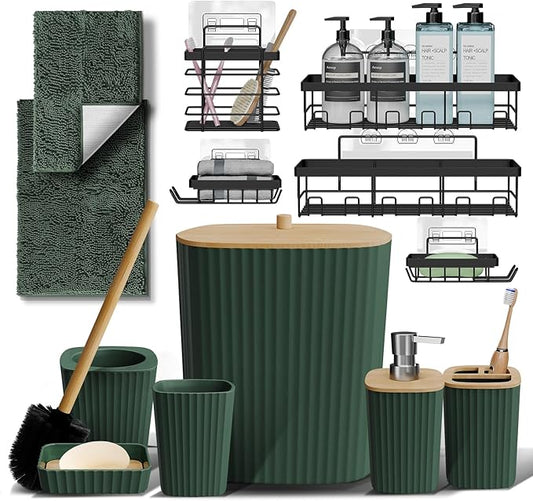 Clara Clark Bathroom Set - Hunter Green Bathroom Accessories Set, 6PC Bathroom Accessory Set, Bathroom Sets with Bathroom Rugs, Adhesive Corner Shower Caddy Hanging, Toilet Brush & Trash Can