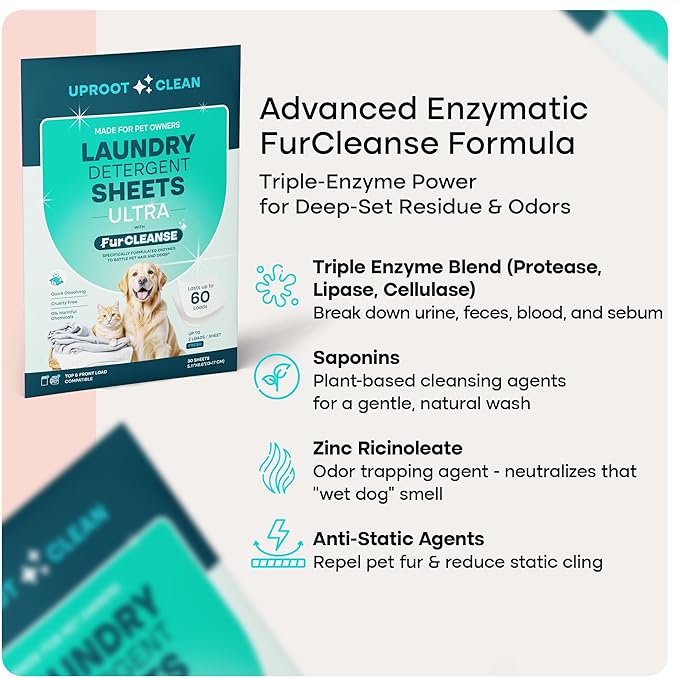 Uproot Clean Laundry Sheets Ultra - 30 Pack - Fresh Scent: Extra-Large Enzyme-Powered Laundry Detergent Sheets Travel Pack - Eliminate Clinging Fur, Pet Odors, & Messy Residue - Up to 60 Loads