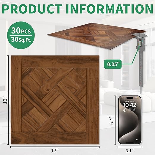 Peel and Stick Floor Tile 30-Pcs Cover 30 Sq.Ft, Vinyl Flooring Tiles 12” x 12” Matte Self Adhesive Flooring Stickers Waterproof Removable for Renter, Bathroom Living Room, Dark Brown