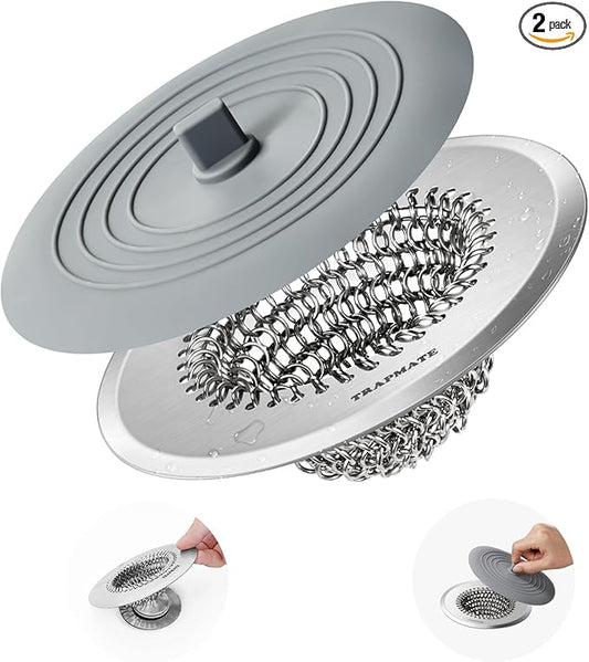 TRAPMATE Tub Stopper, Reversible Bathtub Drain Hair Catcher & Stopper, Ultra Revolutionary Bath Tub Drain Protector, Stainless Steel Hair Catcher & Silicone Stopper, 4.4" Drain Cover for Shower, Bath