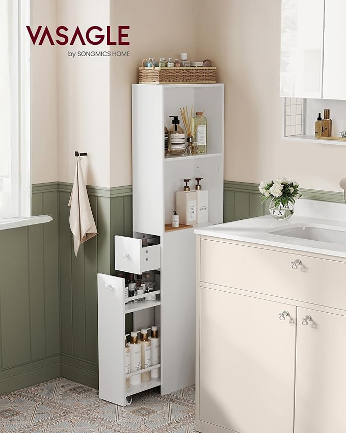 VASAGLE Slim Bathroom Storage Cabinet, Narrow Freestanding Cabinet with Storage Drawers and Adjustable Shelf, for Small Spaces, Modern Style, Cloud White UBBK567T14S | Narrow, Freestanding, Storage Drawers, Adjustable Shelf, Modern Style