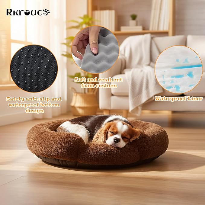 Fluffy Dog Bed Calming Donut Beds for Large Dogs Warming Round Small Medium Pet Nest Cozy Cat Mattress Indoor Washable Puppy Kennel Kittens Sleep Mat (XL, 43.3×43.3 inch, Brown)