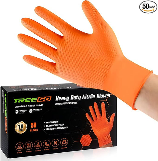 TREEGO 10 Mil Nitrile Gloves XL - Heavy Duty Orange Gloves with Double Diamond Grip, Disposable Mechanic Rubber Gloves, Latex Free Industrial Work Gloves for Garage & Automotive, 50 Count Extra Large