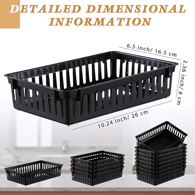 Wenqik Set of 12 Small Plastic Baskets for Organizing 10.24 x 6.5 x 2.36 Inch Pharmacy Baskets Rectangular Trays Plastic Organizer for Office Pharmacy Dorm Kitchens, Closets Shelves(Black)