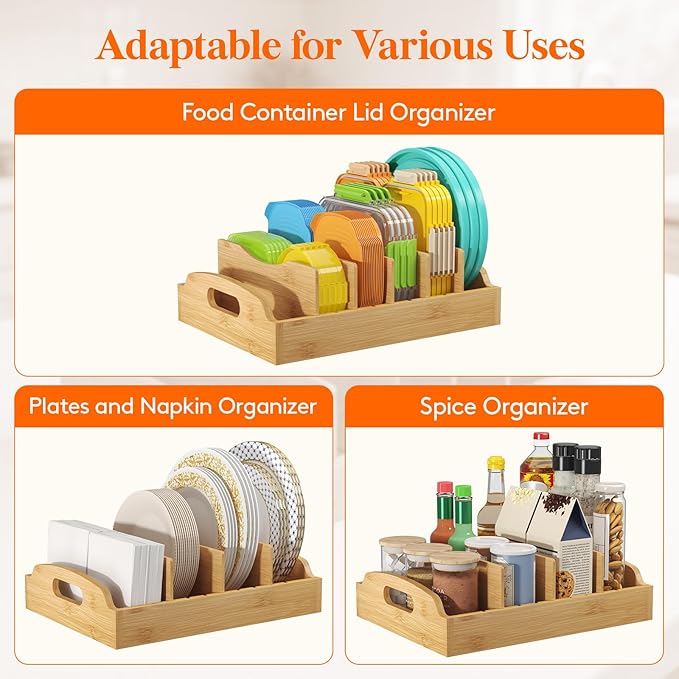 Lifewit Bamboo Lid Organizers for Inside Cabinet, Food Storage Container Lid Holder with 5 adjustable Inserts & 6 Compartments, Lid Storage for Kitchen Pantry Organization, 13.2" x 10"/34 x 25cm