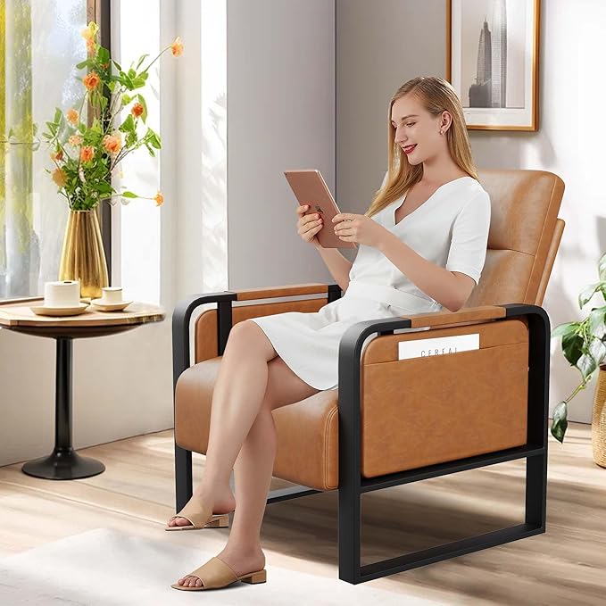 Brown PU Leather Accent Chairs Set of 2 with Side Table Modern Upholstered Armchair Leisure Side Chairs for Living Room Bedroom Office