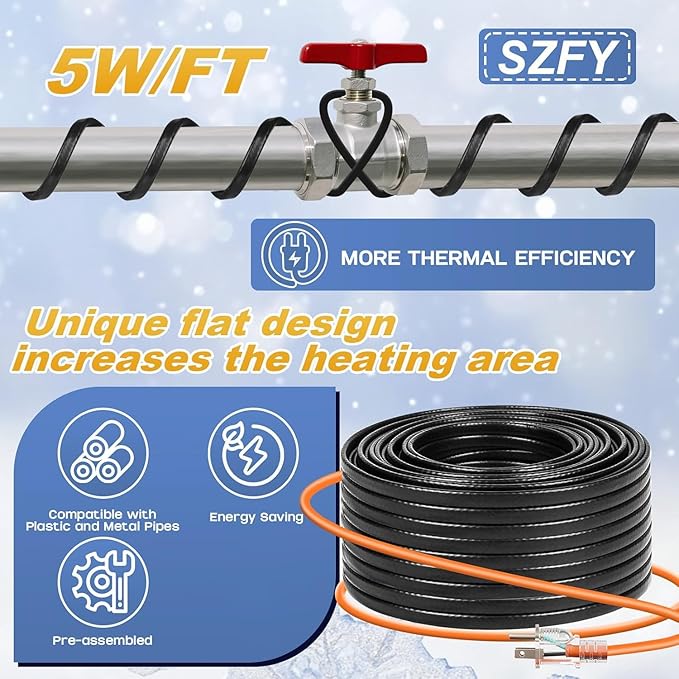 3FT~200FT Heat Tape for Water Pipes, -40°F Deicing Cable,Pipe Heat Cables for Roof,Gutter，Farm，Freeze Protetion Heating Wires, Heated Water Hose,Plumbing Fixtures,120V 5W/FT (120FT)