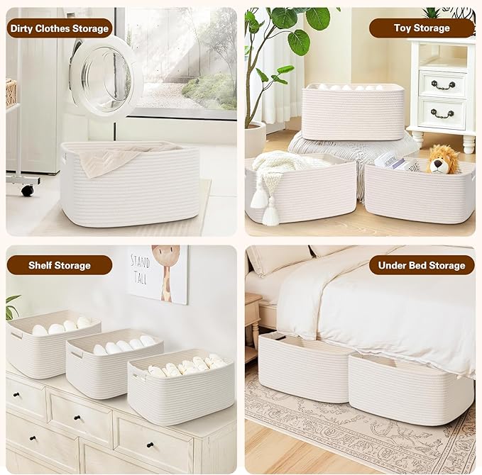 3 Pack Large Storage Basket for Organizing, 17.5"x13"x7" Woven Basket for Shelves, Closet Cube Storage Bins with Wrapped Handle, Cotton Rope Baskets for Kitchen, Clothes, Toys(Off White)