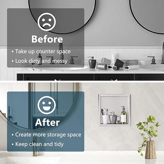 Shower Niche, 12" x 12" Bathroom Niche, Stainless Steel No Tile Needed Brushed Nickel Recessed Shower Shelf, Waterproof Wall Niches for Storage