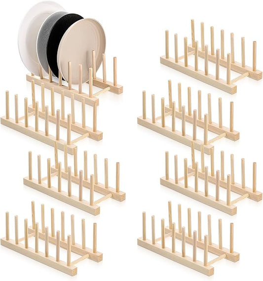 SHENLIU 8 Pcs Bamboo Wooden Plate Rack, 6 Slots Plate Organizer Dish Drying Rack Stand Drainer for for Kitchen Pot Lid Bowl Cup Book Cutting Boards