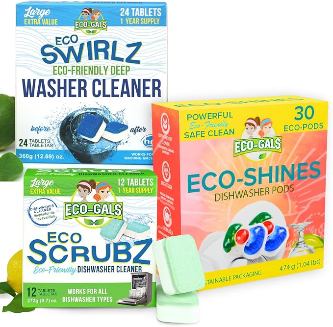 Eco Scrubz Deep Dishwasher Machine Cleaner Unscented, 12 Count Tablets - 1 Year Supply plus Eco-Shines Dishwasher Detergent Pods With 3 in 1 Power of Liquid, Powder, and Gel for Brig