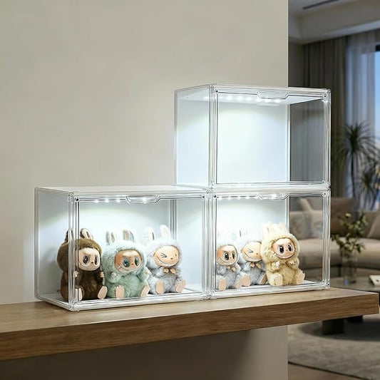 Clear Acrylic Display Case with Light, Dustproof Stackable Showcase for Collectibles, Figures, Shoes, Toys & Jewelry - Plastic Storage Bins Support Voice Control Lighting