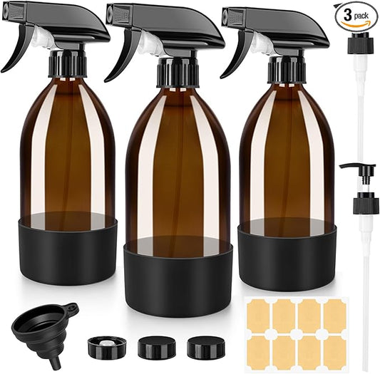 Amber Glass Spray Bottles 3 Pack, 17 oz/500 ml Glass Spray Bottles for Cleaning, Plants, Essential Oils, Hair Care, Refillable Empty Spray Bottle with Adjustable Nozzle for Squirt and Mist