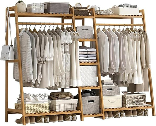 Bamboo Garment Rack 9 Tier Storage Shelf Coat Clothes Hanging Rack, Portable Wardrobe Closet Organizer With Top Shelf, Shoe Storage Shelves for Bedroom (Natural - 74.8 in)