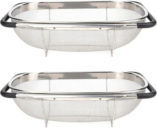 2 PackPremium Quality Over The Sink Stainless Steel Oval Colander with Fine Mesh 6 Quart Strainer Basket & Expandable Rubber Grip Handles - Strain, Drain, Rinse Fruits, Vegetables1