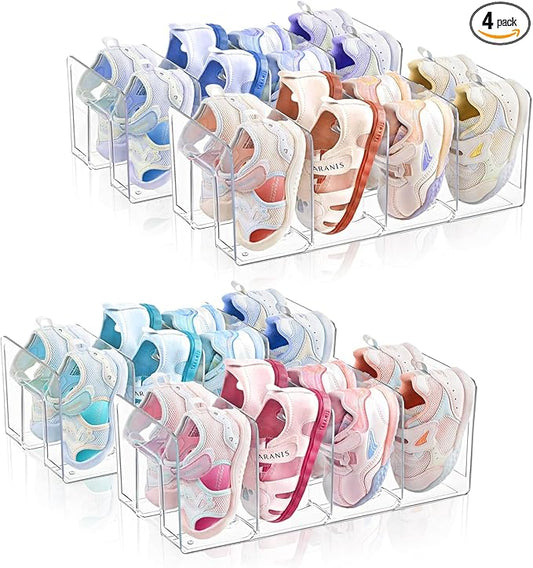 Kids Shoe Organizer Stackable: Clear Acrylic Baby Shoe Rack with Dividers - Closet Storage for Toddlers & Nursery Use (4 Pack)