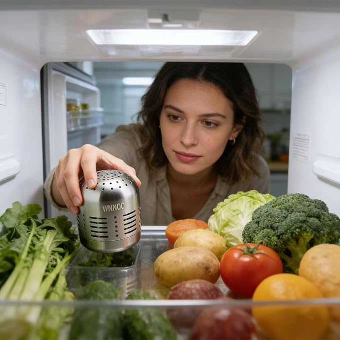 WNNOO Refrigerator Deodorizer，Lasts for 10 Years，Stainless steel Fridge Deodorizer More Effective Than Baking Soda Bamboo Air Purifying Bagsz ，Refrigerator Odor Eliminator Silver color。