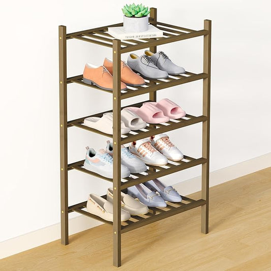 Smiry Bamboo Shoe Rack for Closet, 5 Tier Small Wooden Stackable Shoe Organizer, Free Standing Shoes Storage Shelf for Entryway, Front Door Entrance, Walnut