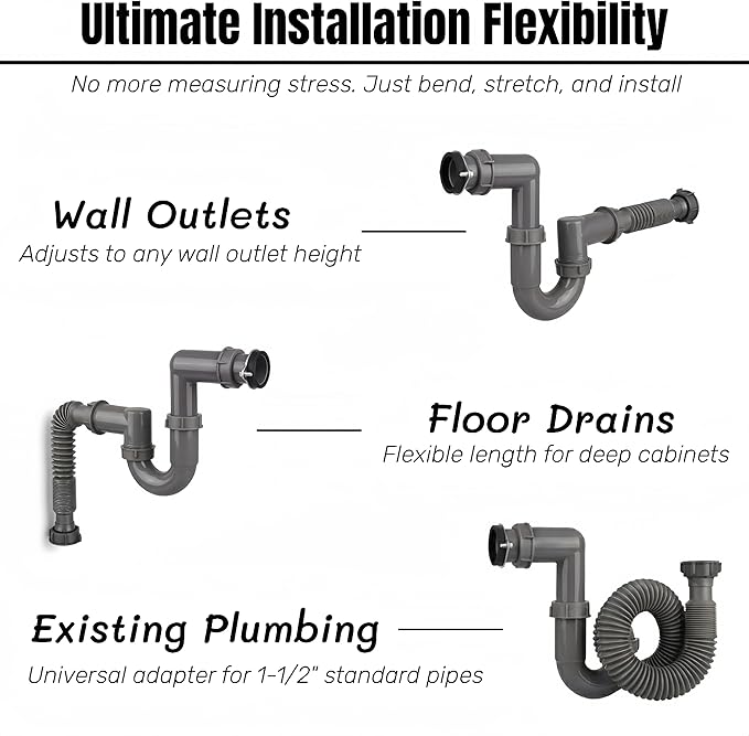 Garbage Disposal Installation Kit, Complete Kitchen Sink Drain Pipe Kit, 1-1/2" Plumbing, Compatible with Wall Mount or Floor Drain, Includes Elbow, P trap, Flange, Gasket and an Adjustable Tailpiece