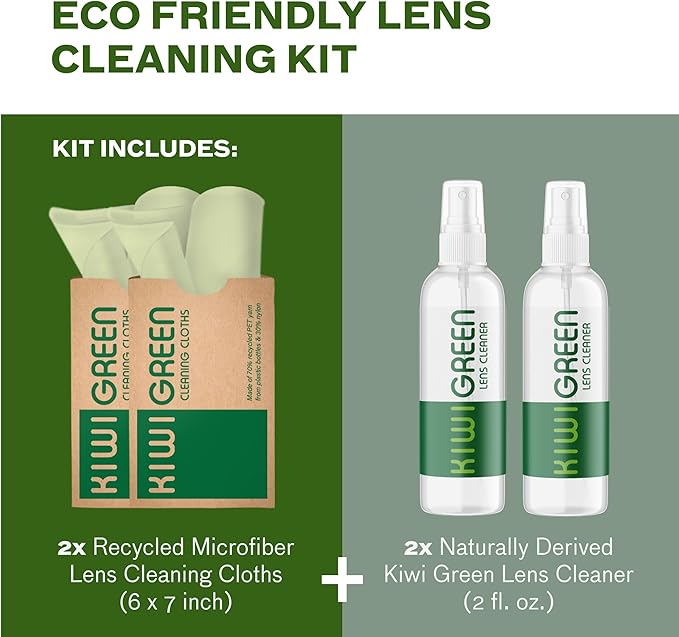 Kiwi Green Eyeglass Lens Cleaner Spray Kit | 2X Lens Cleaner + 2X Microfiber Cloth | Alcohol Free Eyeglasses, Screen Cleaning Kit | USA Made (4 Piece Set)