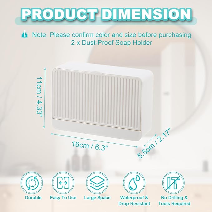 uxcell 2 Pack Dust-Proof Soap Holder, Wall Mounted Soap Dish for Shower Wall No-Drill Adhesive Shower Bar Soap Holder for Bathroom(White, 6.3 x 4.33 Inches)