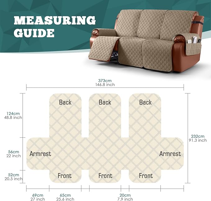 Ruaozz Waterproof Recliner Couch Covers 1-Piece Sofa Covers Washable Recliner Covers Non-Slip Furniture Protector with Elastic Straps Pocket for Kids Pets (Khaki, 3 Seater)