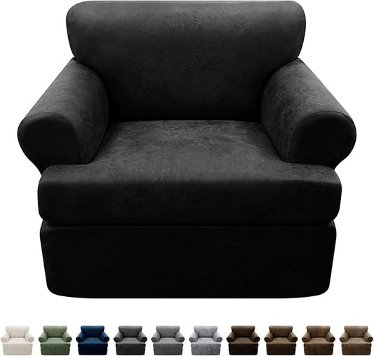 2-Pieces T Cushion Armchair Slipcovers Leather Look Couch Cover Chair Covers Stretch Furniture Protector Sofa Cover with 1 Individual T Cushion Seat Cover Slipcover Sets Washable, Black