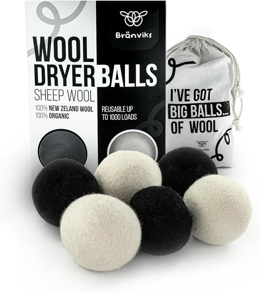 Wool Dryer Balls – 6 XL Organic New Zealand Wool Dryer Balls | Reduce Drying Time, Anti-Static & Wrinkle Reducing | Reusable Fabric Softener Alternative (White & Black Set)