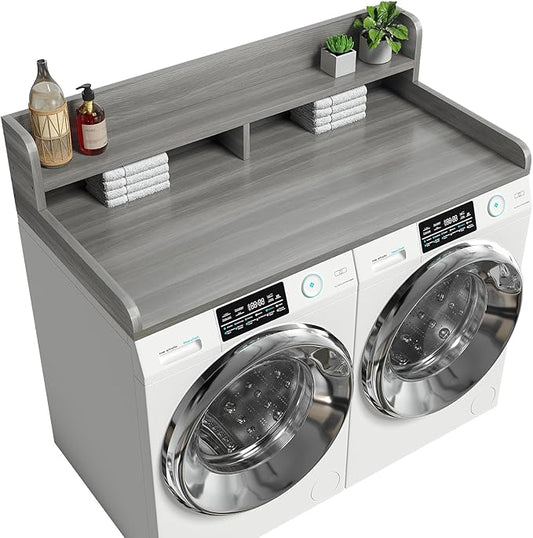 2-Tier Washer Dryer Countertop with 2.75"H Edge Rails, 54" W x 27.55" D Laundry Countertop for Folding Clothes, Washer and Dryer Topper with Non-Slip Pad (Stripe Gray)