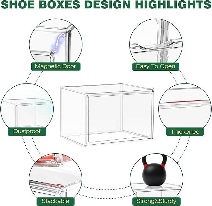 3 Pack X-Large Acrylic Shoe Display Case Size 14 Clear Stackable Handbag Organizer Sneaker Storage Box Shoe Contianers with Magnetic Door Purse Organizer for Closet