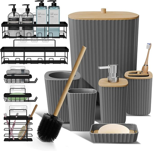 Clara Clark Bathroom Set - Grey Bathroom Accessories Set, 6PC Bathroom Accessory Set, Bathroom Sets with Adhesive Corner Shower Caddy Hanging, Toilet Brush, Trash Can & Soap Dispenser