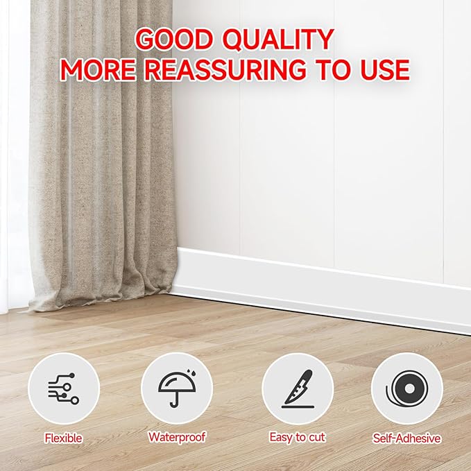 Flexible Baseboard Molding Trim 3 Inch(W) x 66 Feet(L) Self Adhesive Vinyl Wall Base Peel and Stick Cove Base,Rubber Wall Base. (White)