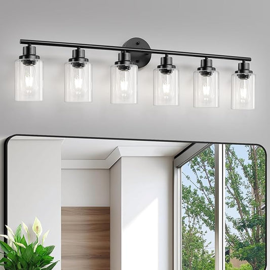 6-Light E26 Black Bathroom Vanity Lights, Modern Bathroom Light Fixtures with Clear Glass Shade, Wall Lamps for Mirror Hallway Kitchen Cabinet Living Room Sconces Lights
