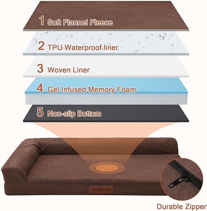 Orthopedic Dog Beds Large Sized Dog, 36x27x6 Inches Memory Foam Pet Bed for Large Dogs, Washable Removable Cover, Nonskid Bottom, Waterproof, Brown Grey