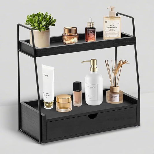 2-Tier Bathroom Organizer Countertop with Drawer, Wood Counter Organizer for Bathroom Decor, Sink Shelf for Vanity Storage, Makeup Tray for Perfume Skincare Bedroom Kitchen Corner