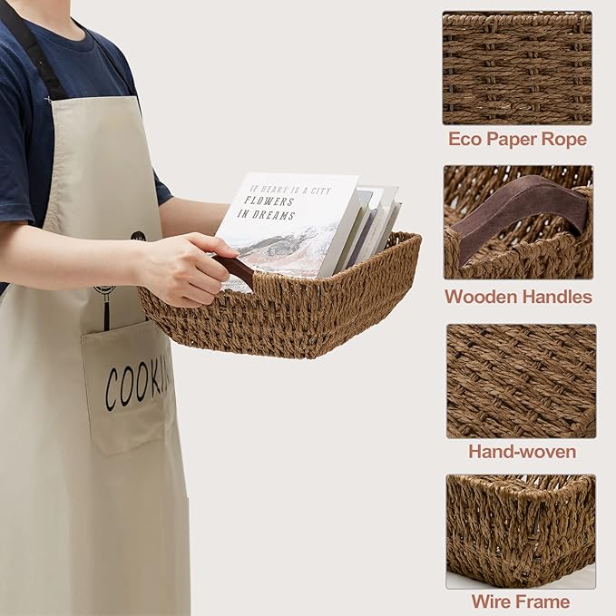 FairyHaus Hand-Woven Wicker Storage Basket with Natural Wooden Handles Set of 2, Recyclable & Renewable Paper Rope, 15x10x5 Wicker Baskets for Storage, Brown