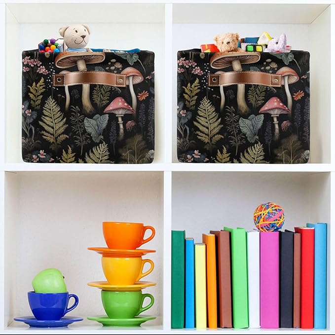 Storage Basket Mushroom Rectangular Collapsible Canvas Shelves Storage Bins with Leather Handles for Shelves Home Closet Bedroom Living Room, 1Pack