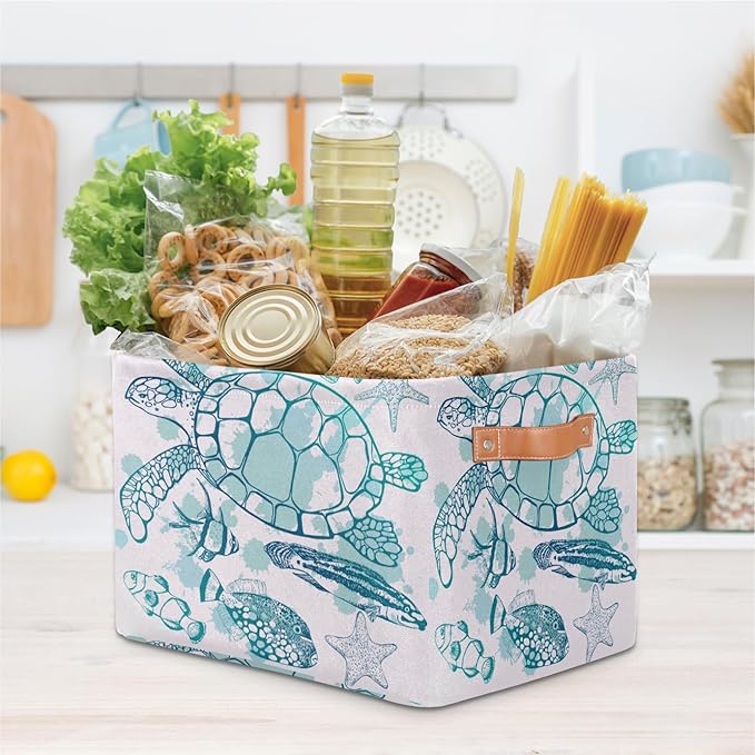 Cubes Storage Baskets,Sea Turtle Foldable Storage Box,Waterproof Open Shelf Organizer Bin for Kid Clothes Toy Empty Gift Baskets