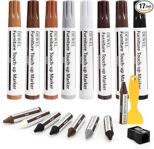 DEWEL Furniture Markers Touch Up, 17 Pcs Wood Scratch Repair Kit, Upgrade Wood Furniture Repair Markers and Wax Sticks for Stains, Scratches, Wood Floors, Tables, Bedposts