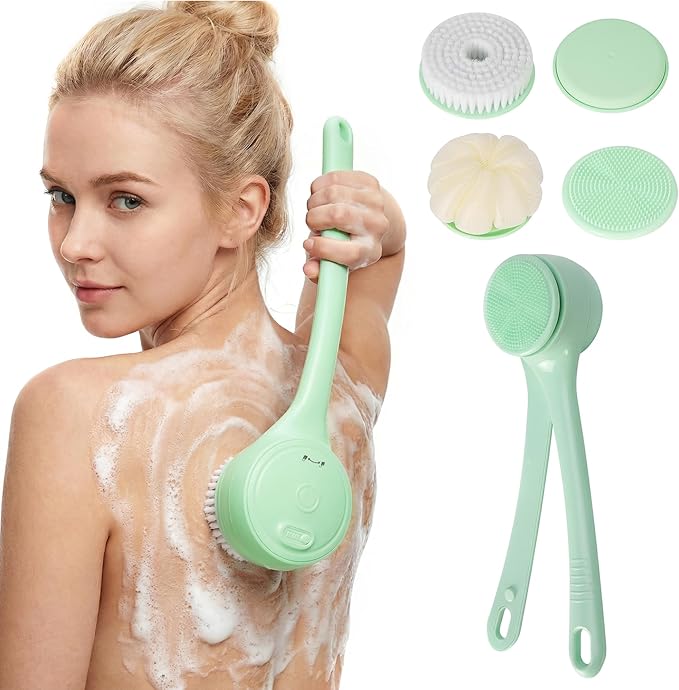 Electric Body Brush Back Scrubber for Shower，5 Replaceable Heads and Hook,Waterproof Long Dual Handle Power Body Scrubber 2 Speeds, for Cleansing Body, Exfoliating and Massaging Skin.