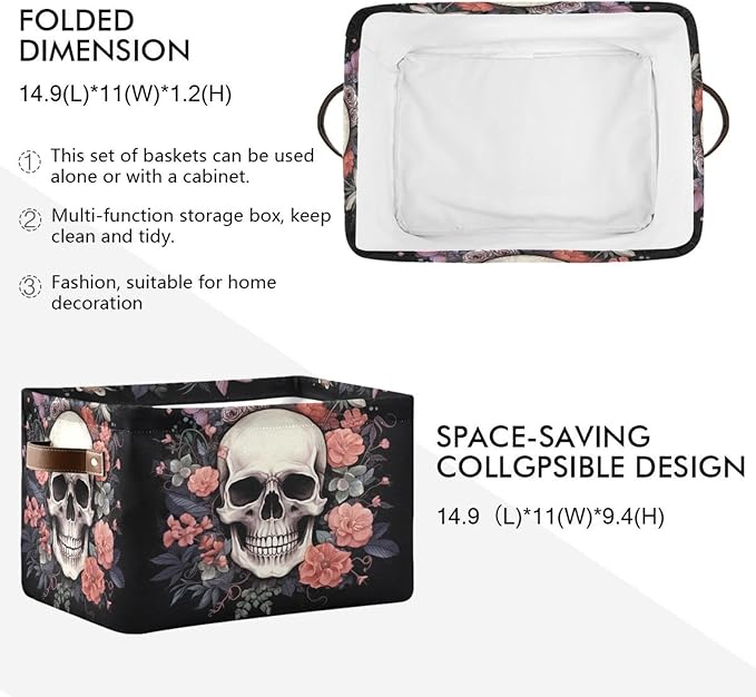 Halloween Basket Black Rose Skull Baskets with Handles Collapsible Organizer Box Shelf Storage Baskets for Holiday Home Decor 2PCS