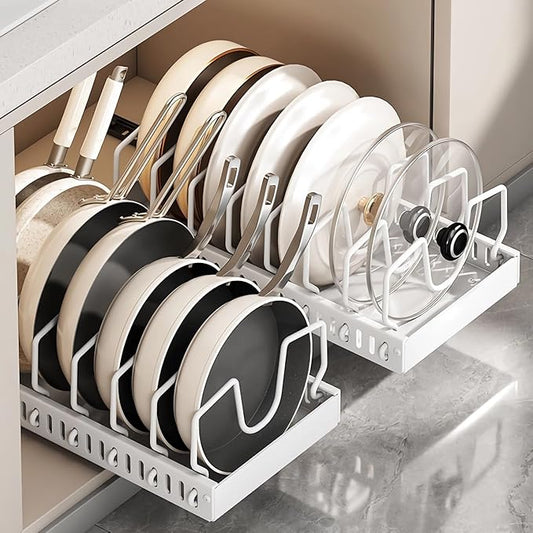 pots and pans organizer under cabinet,pot lid organizers inside cabinet holders for kitchen,Horizontal and vertical pulling modes,cast iron storage (White vertical pull-out)