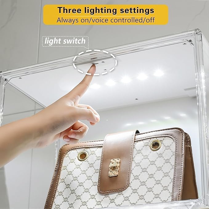 Clear Showcase with Light, Stackable Acrylic Display Case for Collectibles, Figures, Shoes, Toys & Jewelry, Dustproof Storage Box - Support Voice Control Lighting