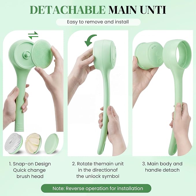 Electric Body Brush Back Scrubber for Shower，5 Replaceable Heads and Hook,Waterproof Long Dual Handle Power Body Scrubber 2 Speeds, for Cleansing Body, Exfoliating and Massaging Skin.