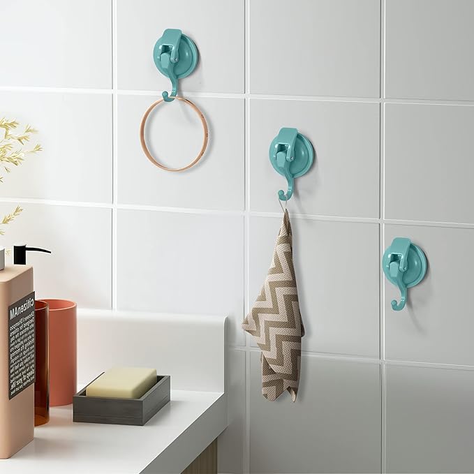 Heavy Duty Vacuum Suction Cup Hooks, Lake Blue Plated Polished Super Suction for Kitchen Bathroom, 2 Pack