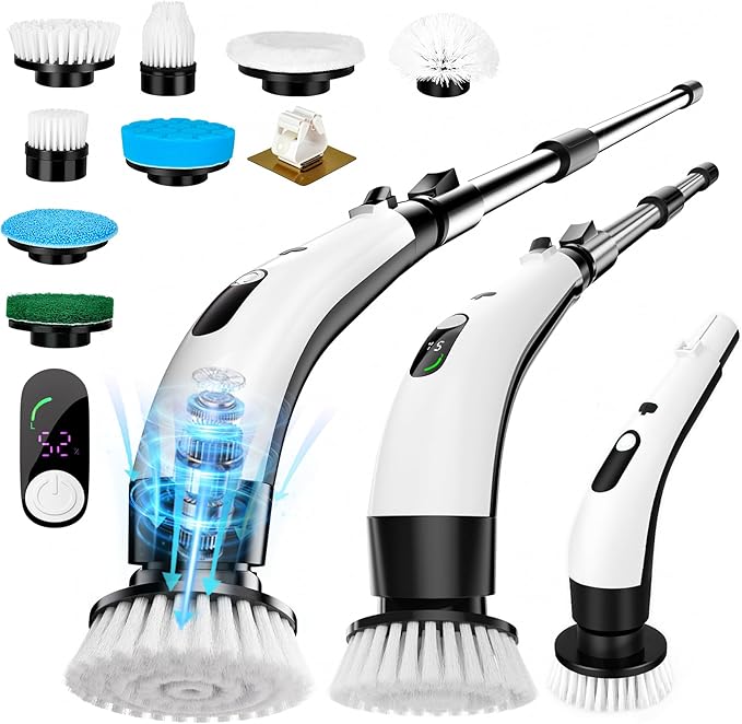 PUNOMO Electric Spin Scrubber, 2026 Upgraded Cordless Cleaning Brush Bathroom Scrubber with 8 Replaceable Brush Heads, Adjustable Long Handle Power Scrubber for Bathtub Shower Kitchen Floo