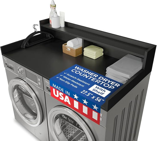 OfficeSimpli Washer Dryer Countertop with Shelf - 27.5 x 54 Inch - Made in USA Laundry Countertop Over Washer and Dryer with Non-Slip Pads, Storage Shelf, Laundry Topper Organizer, Black