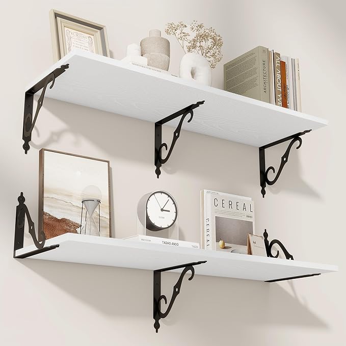 RICHFOCUS 12 Inch Deep Floating Shelves for Wall, 36" W x 12" D Wood Wall Shelves Set of 2, Wide Floating Shelves for Living Room, Bedroom, Kitchen, Bathroom and Decor Storage, White